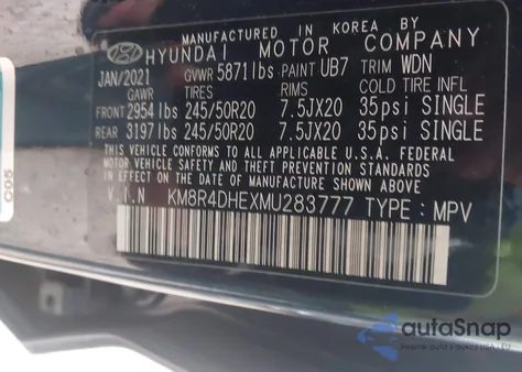 2021 Hyundai Palisade Sel из США, поврежденный, VIN KM8R4DHEXMU283777